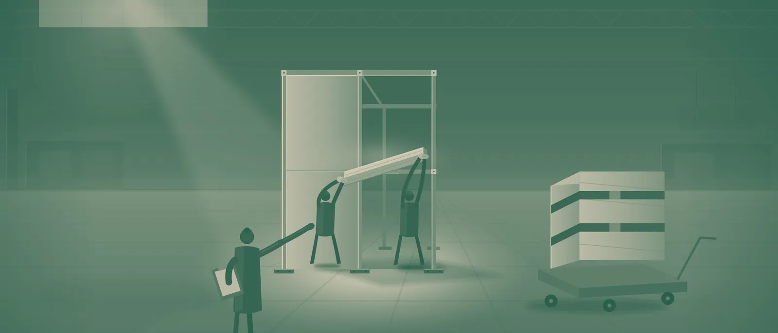 A half-assembled booth frame on the show floor, two installers lifting an extrusion while a third person directs from the floor