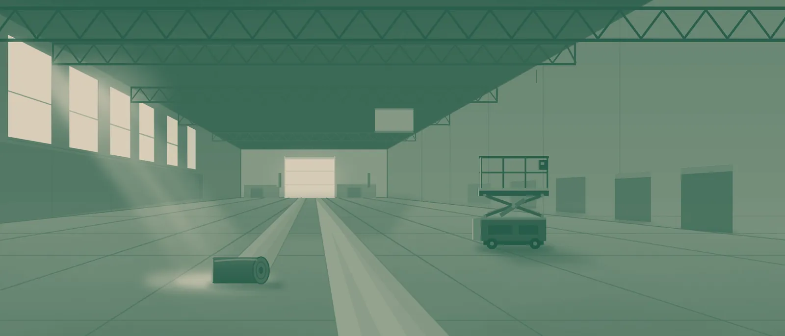 Empty exhibition hall at first light — aisle carpet runs converging under roof trusses, a scissor lift parked mid-floor