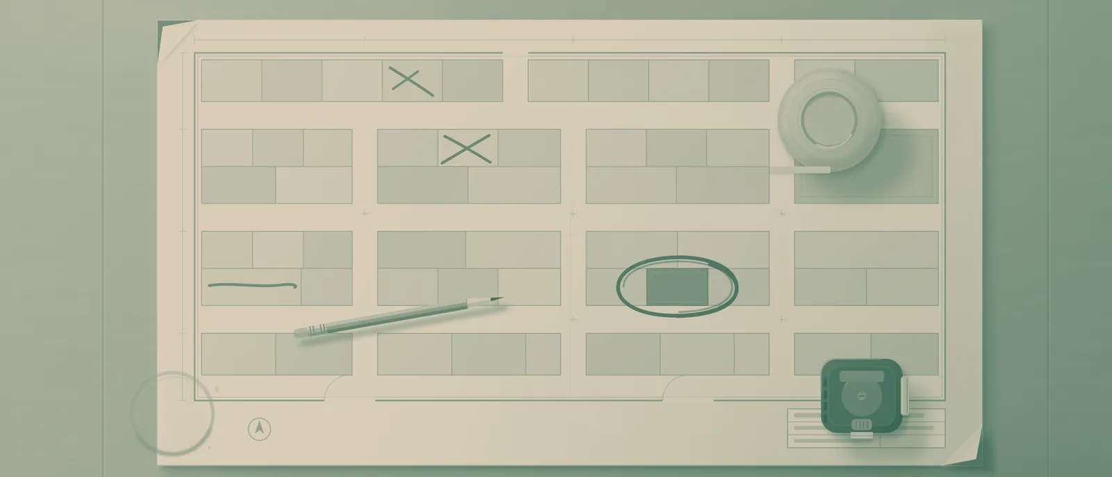 An exhibition floor plan marked up by hand — booth blocks circled in pencil, a tape measure and tape roll on the sheet