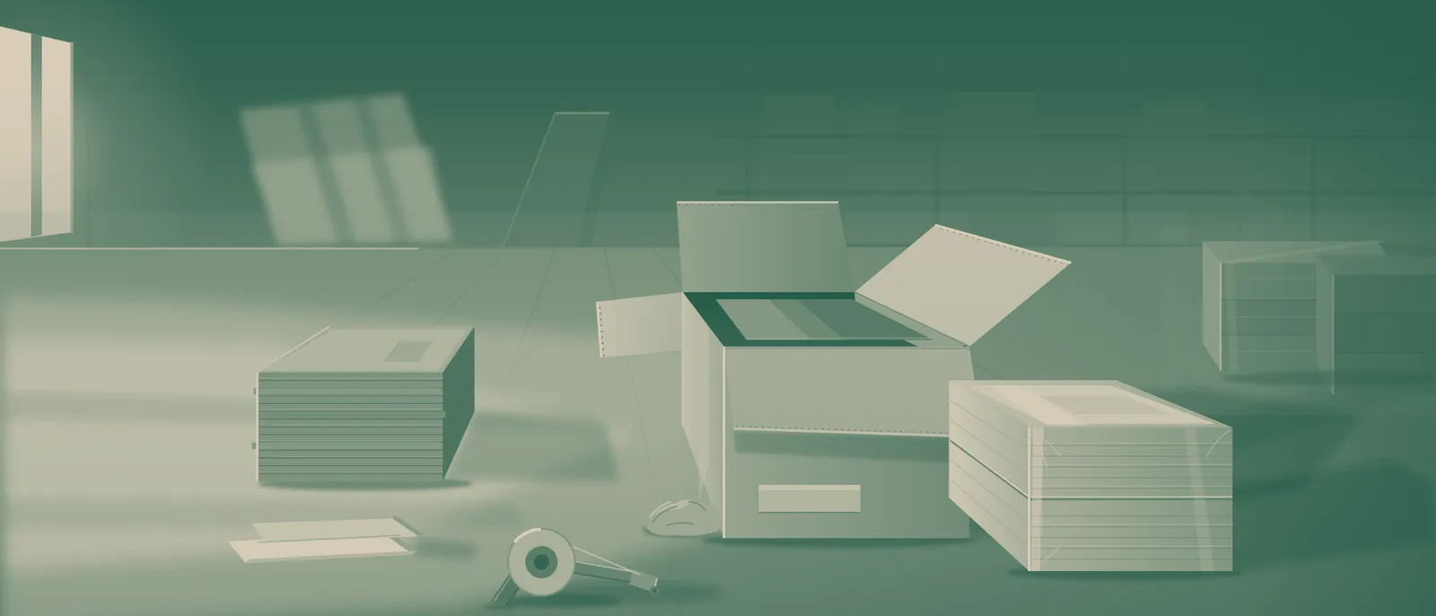 Shrink-wrapped brochure stacks and an open shipping carton on a print worktable in afternoon light