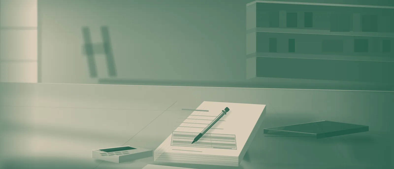 A squared stack of printed report sheets with a pen resting on top, morning light raking low across the desk