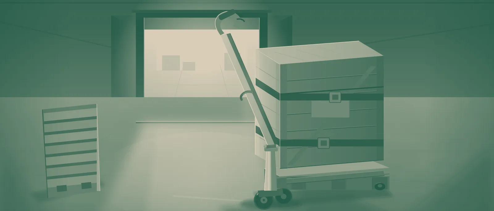 A pallet jack parked under a strapped wooden crate in a service doorway, light spilling from the corridor beyond